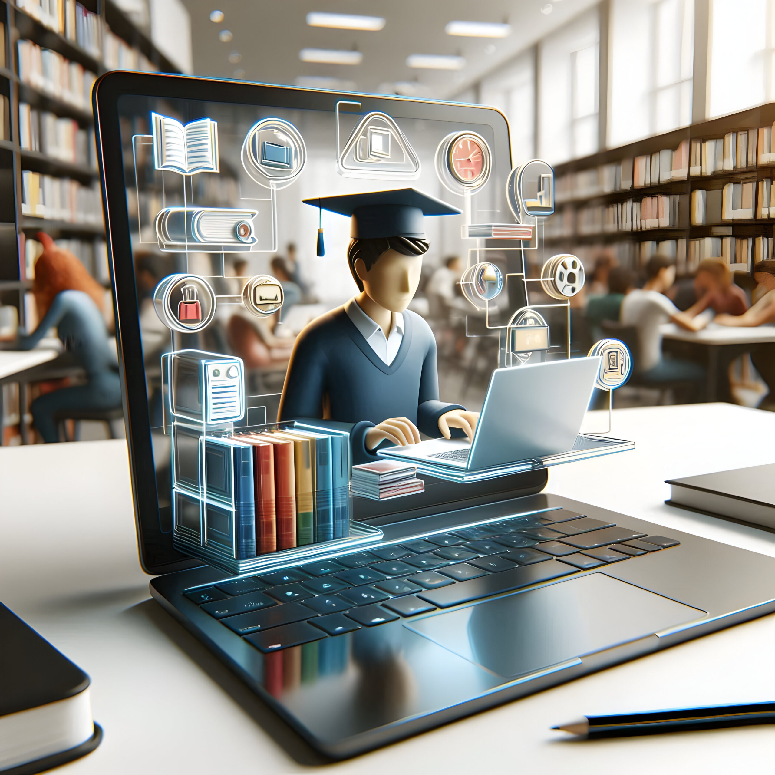 3D digital illustration of a student icon in a graduation cap working on a laptop surrounded by glowing educational icons representing online learning and a library.