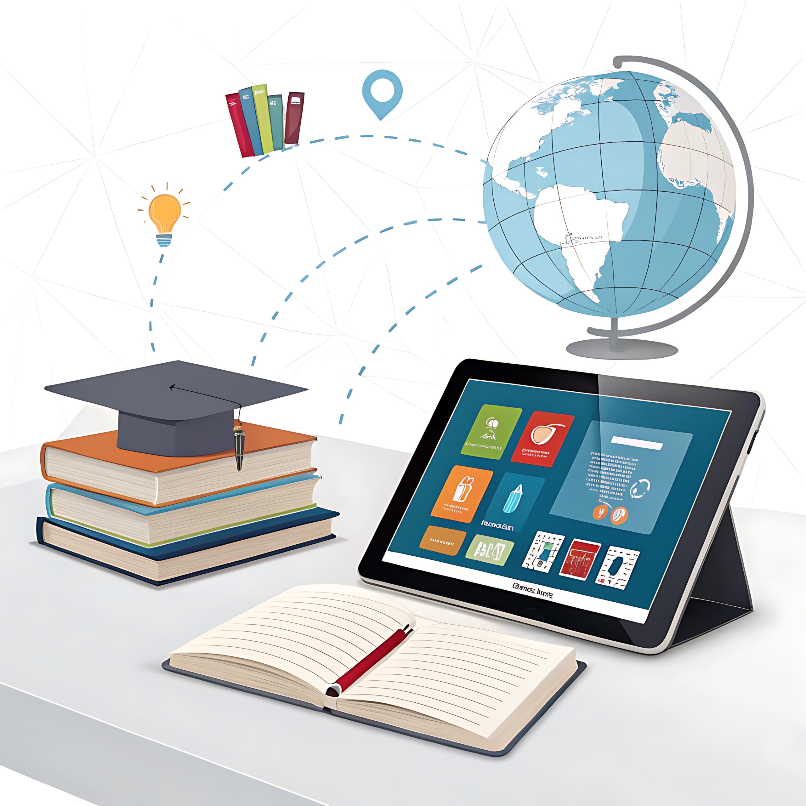 An illustration of a tablet displaying educational app icons, connected by dashed lines to a globe, stacked books with a graduation cap, a lightbulb, and a location pin, symbolizing how digital tools for schools link learning, global access, and innovation.