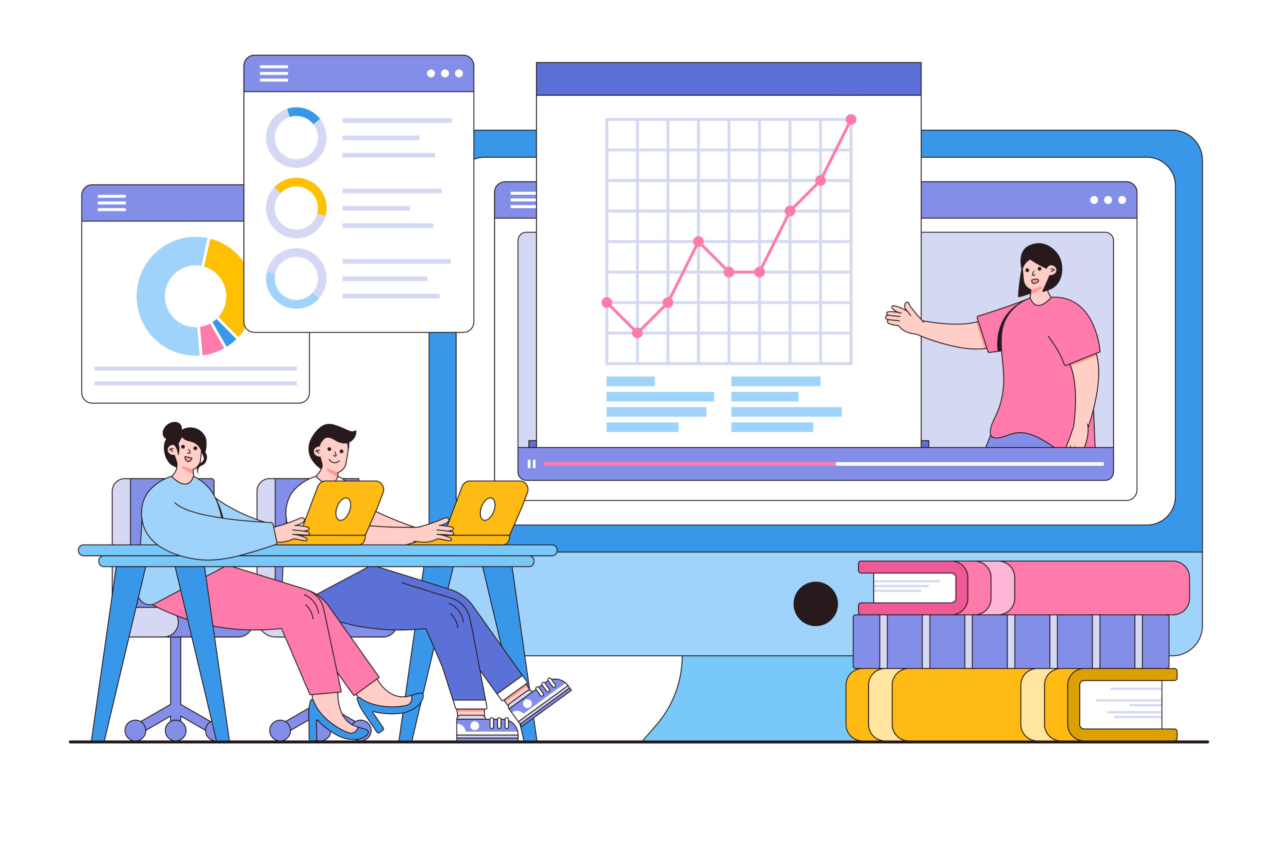Illustration of two students watching an online video lesson with graphs and charts on a large monitor, demonstrating the power of real-time school reports and data analysis.