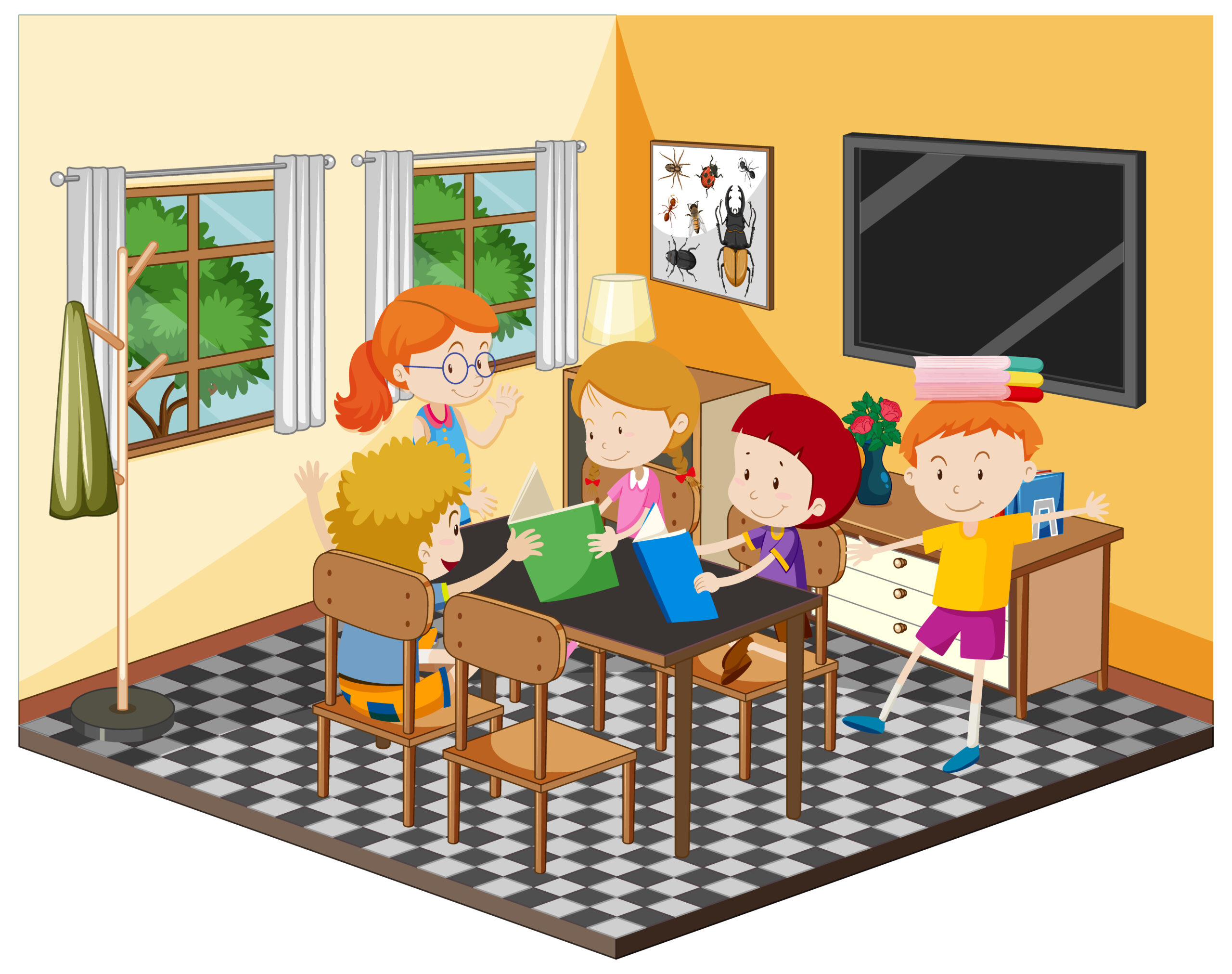 Illustration of four diverse children actively studying and interacting in a classroom setting, showcasing positive outcomes of strong school communication and coordination.