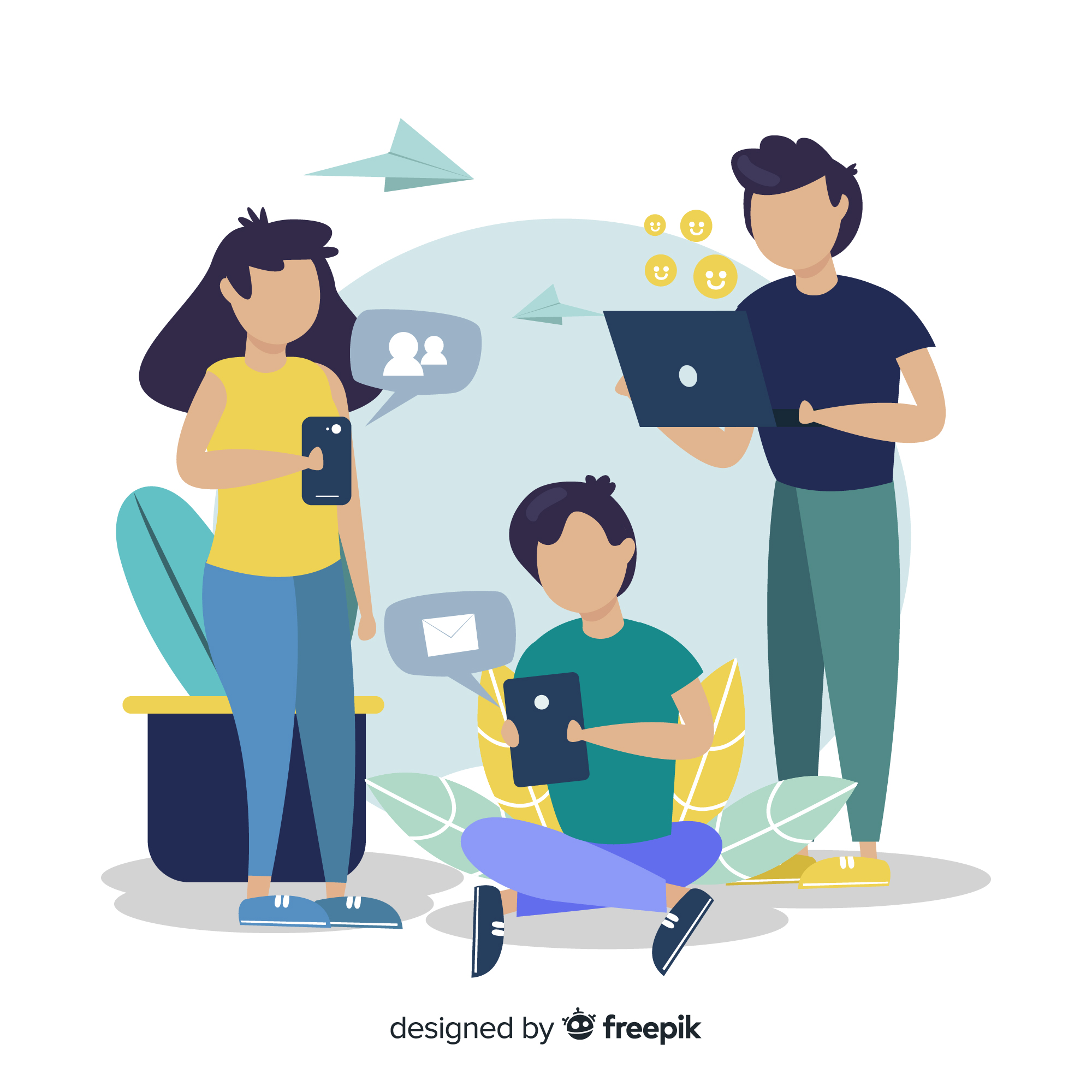 Flat vector illustration of three people using digital devices (laptop, tablet, phone) with message icons, representing effective teacher parent student communication.