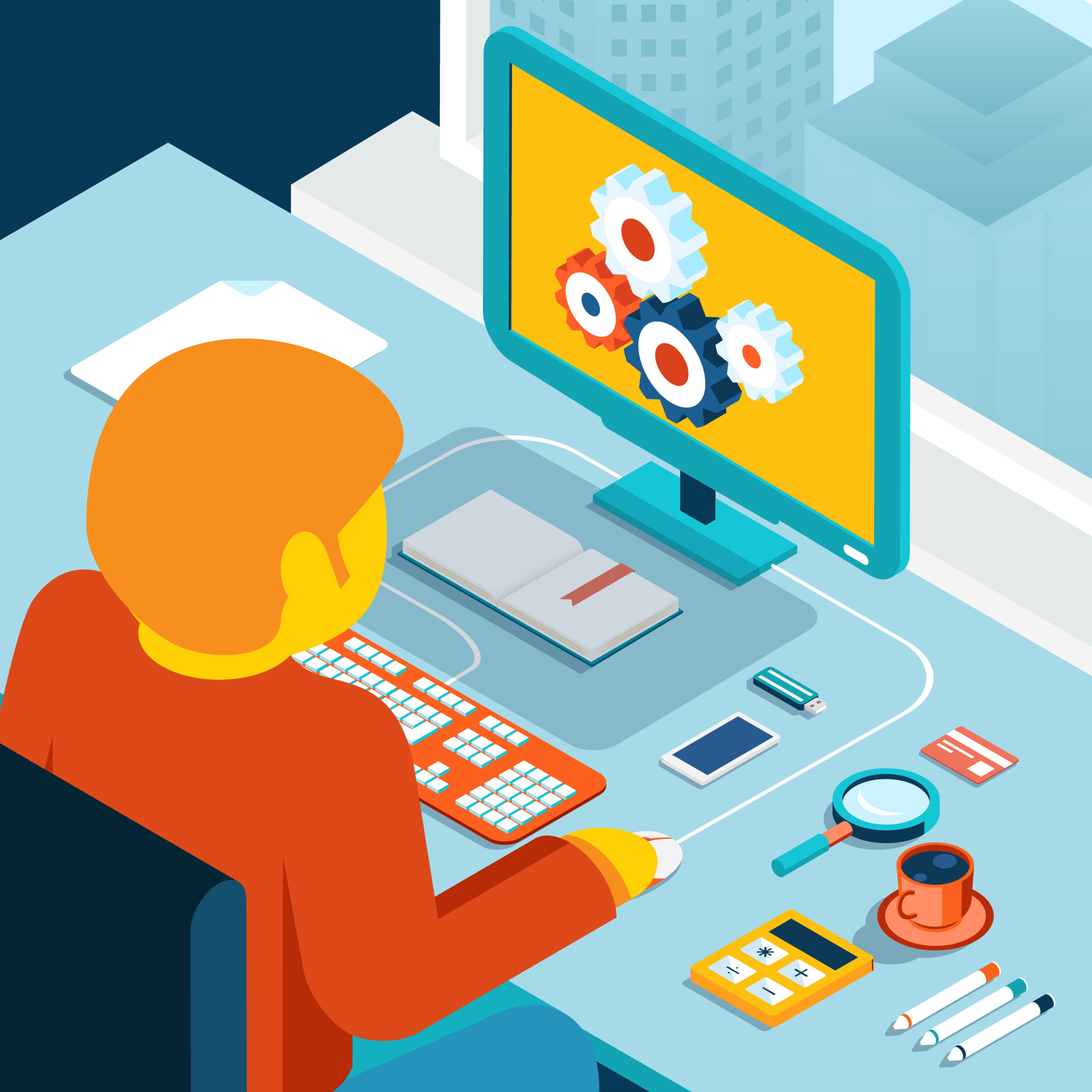 Isometric illustration of a person working at a computer displaying interlocking gears, symbolizing the operational efficiency of a comprehensive school management system.