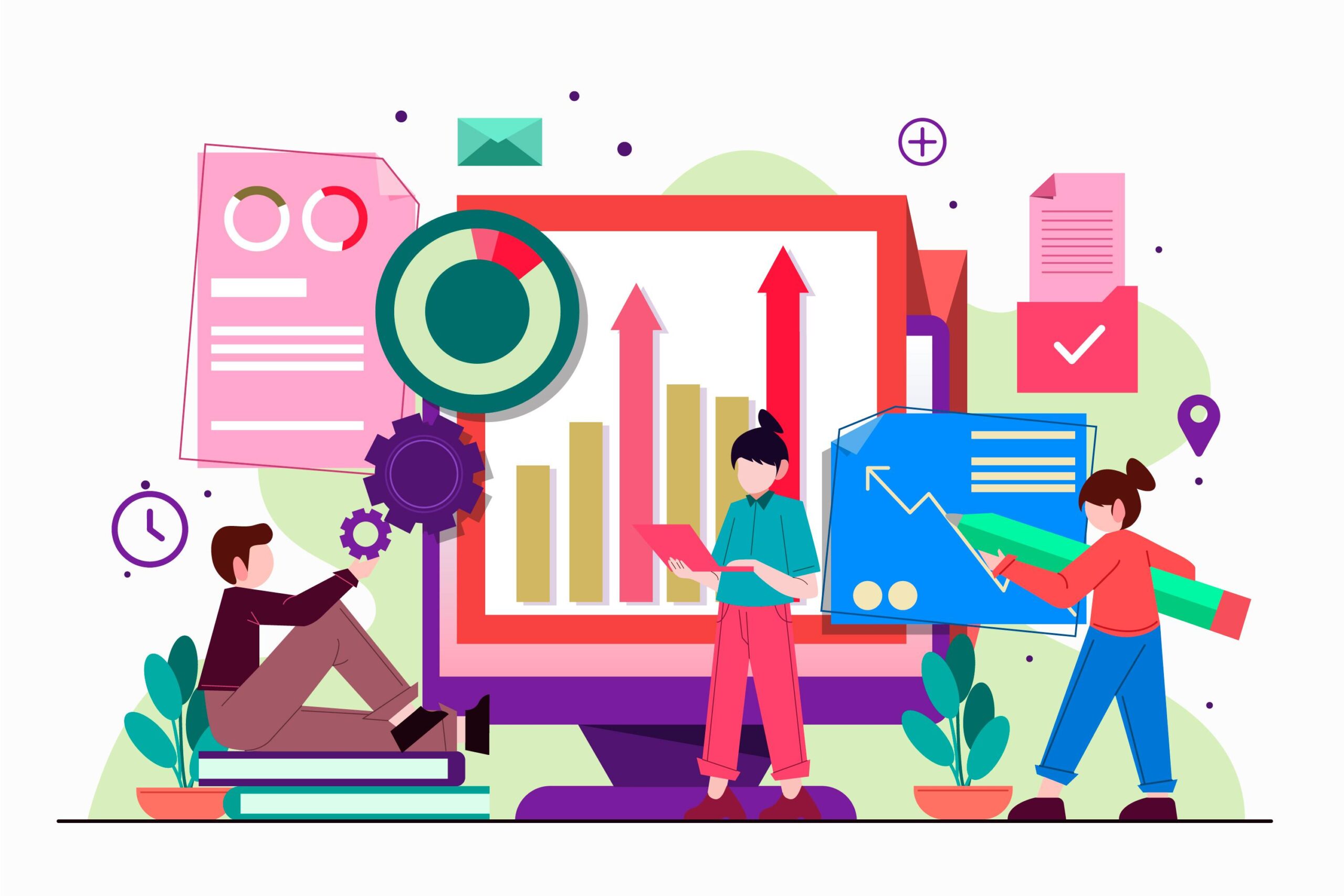 Illustration of a team analyzing large data visualizations on a computer screen, representing the need for a robust school performance tracking system.