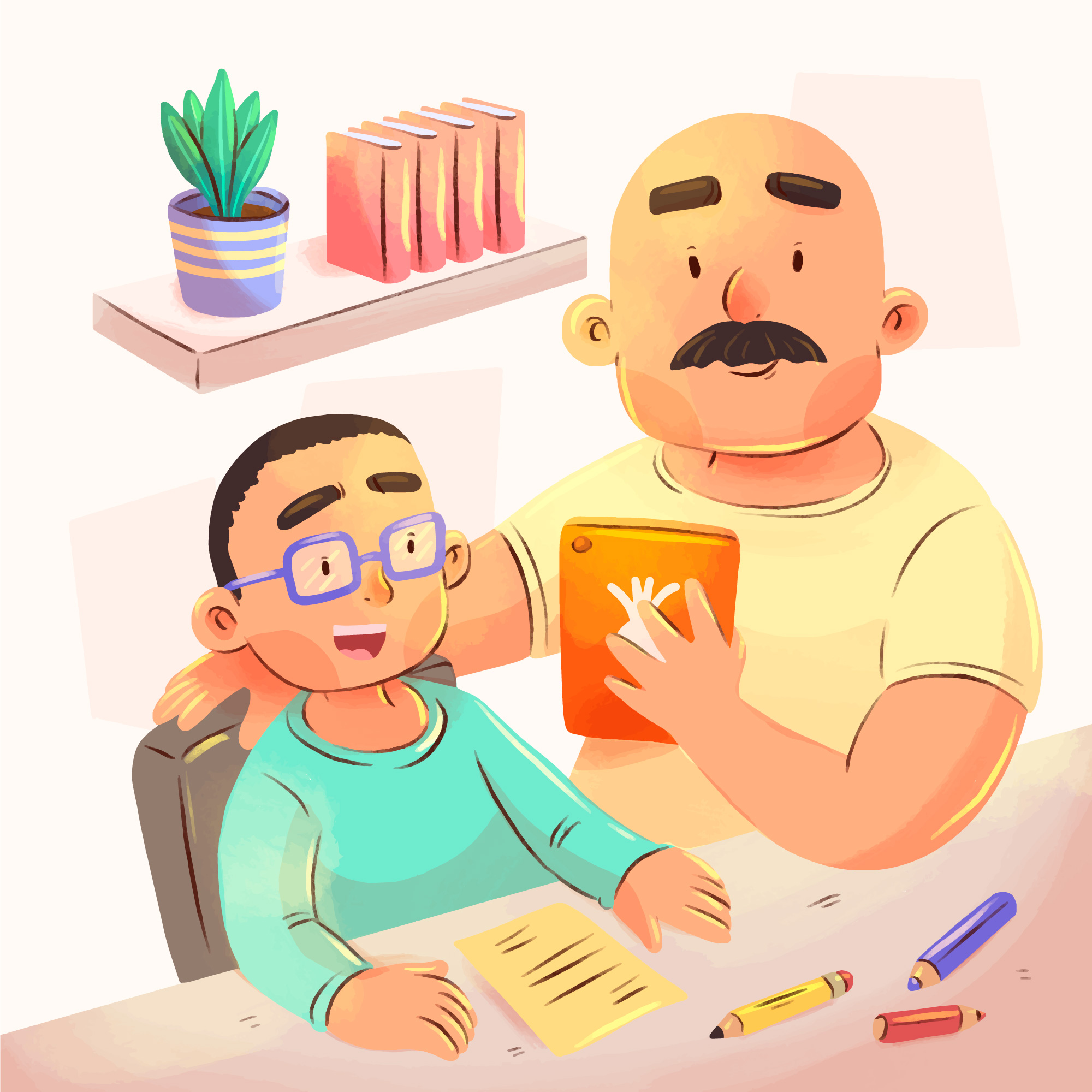 Illustration of a father helping his smiling son with homework and viewing a tablet, representing parents accessing Daily school updates and resources.