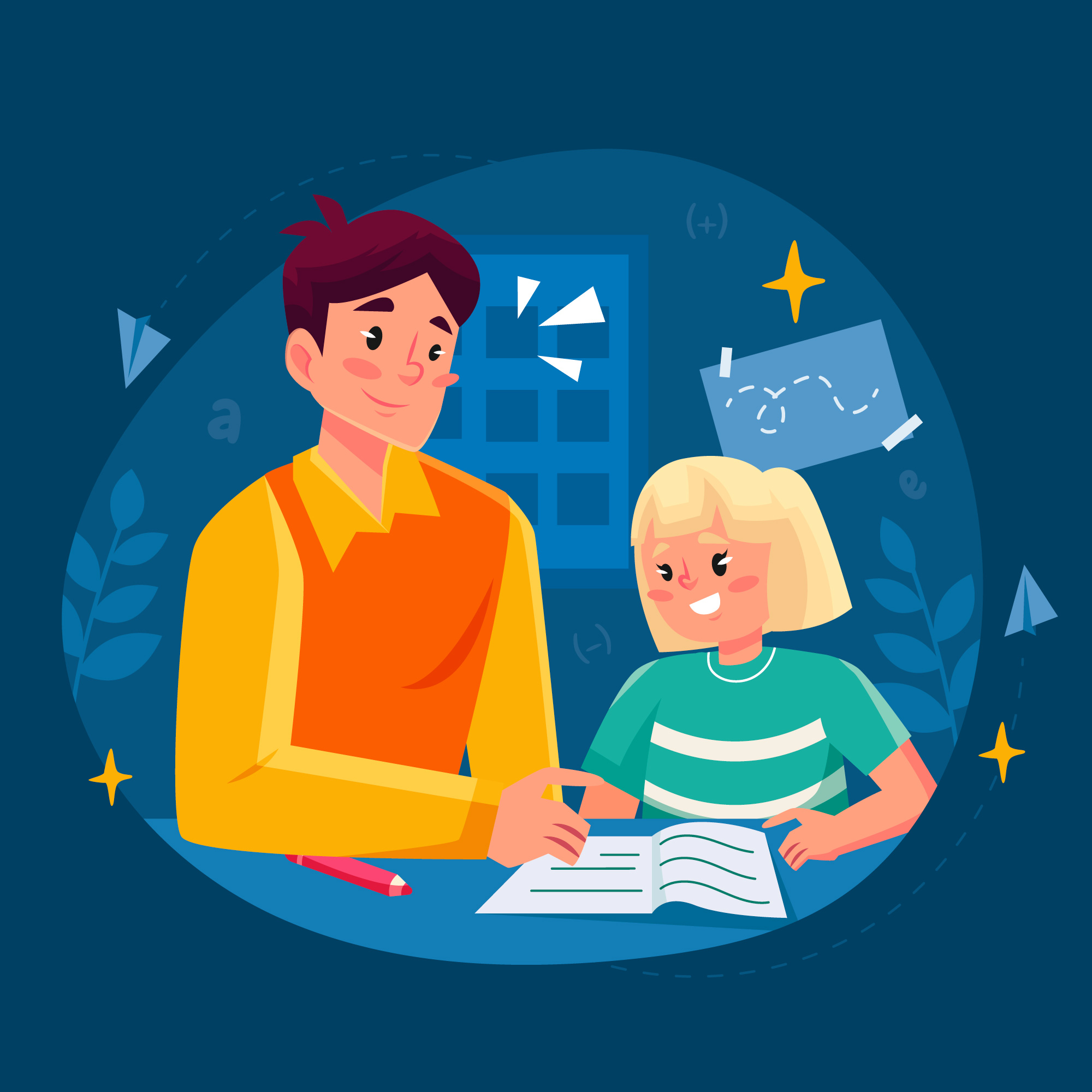 Illustration of an adult and child smiling while doing homework in a dark blue room, emphasizing positive parent involvement in learning.