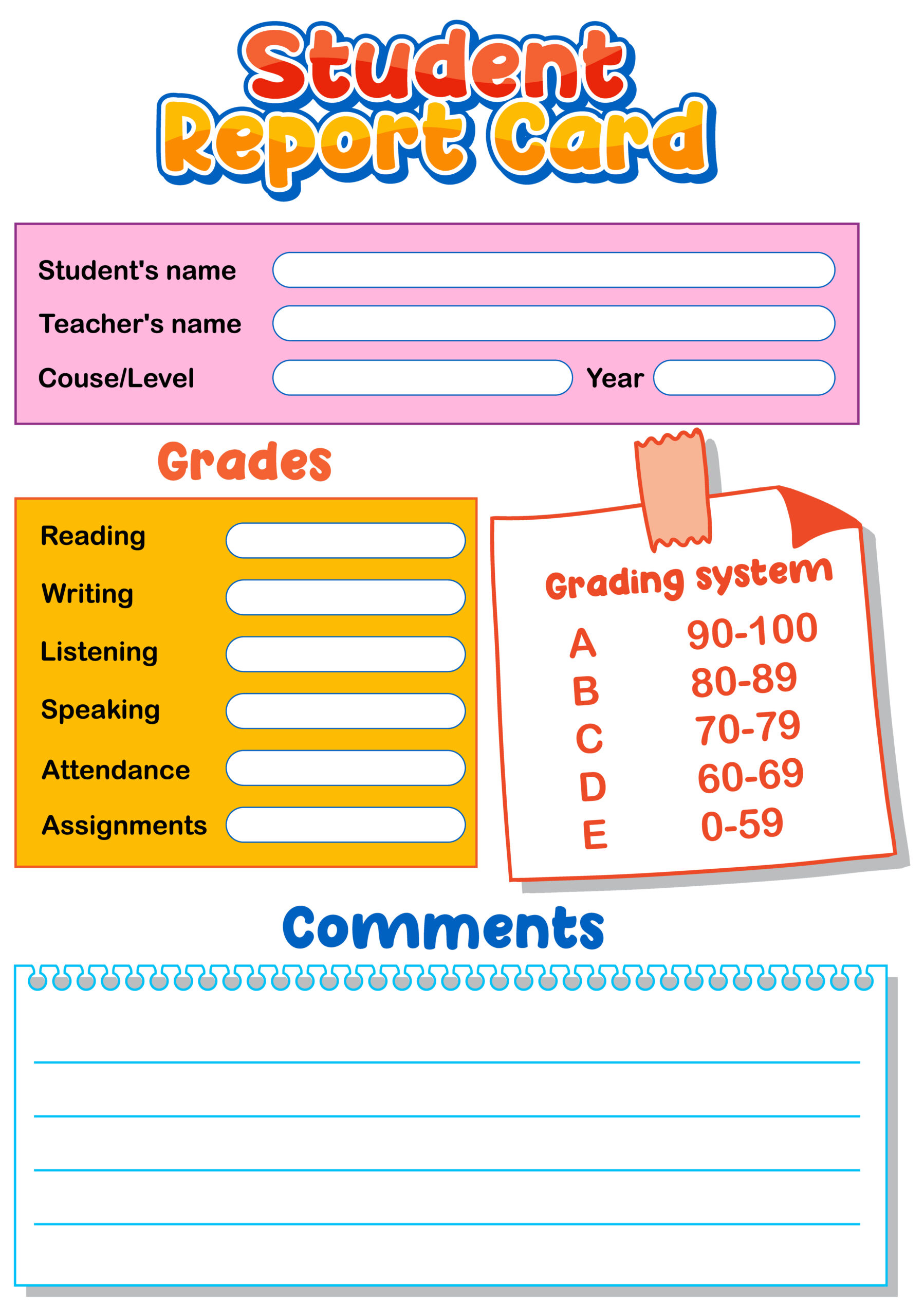 Illustration of a colorful student report card template showing grades and space for comments, a direct result of effective teacher lesson planning tips.