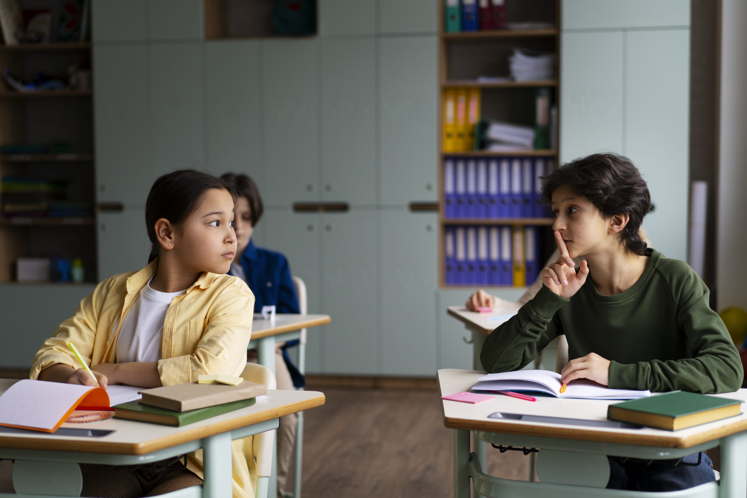 Two students sitting at desks in a classroom, one signaling the other to cheat, highlighting the need for effective Class discipline strategies.