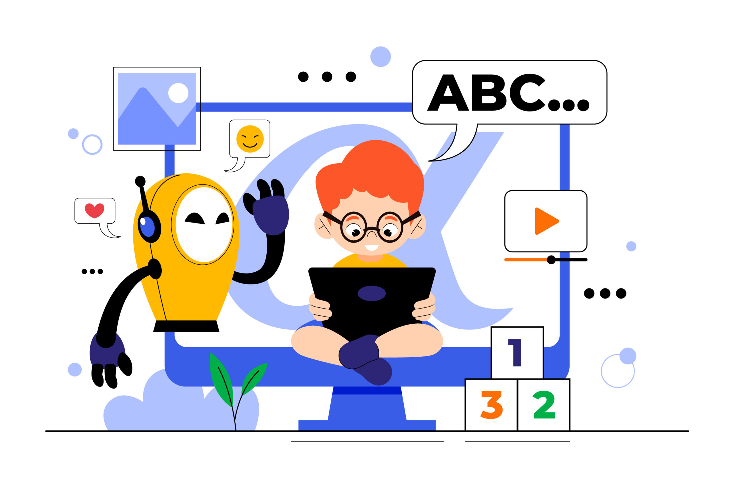 A friendly yellow educational robot with headphones and a smiling screen high-fives a young boy wearing glasses, who is sitting cross-legged on a large computer monitor holding a tablet. The screen displays an ABC... speech bubble, indicating learning, and elements like video playback controls and number blocks (1, 2, 3) are visible, representing the digital tools of Complete School Automation.