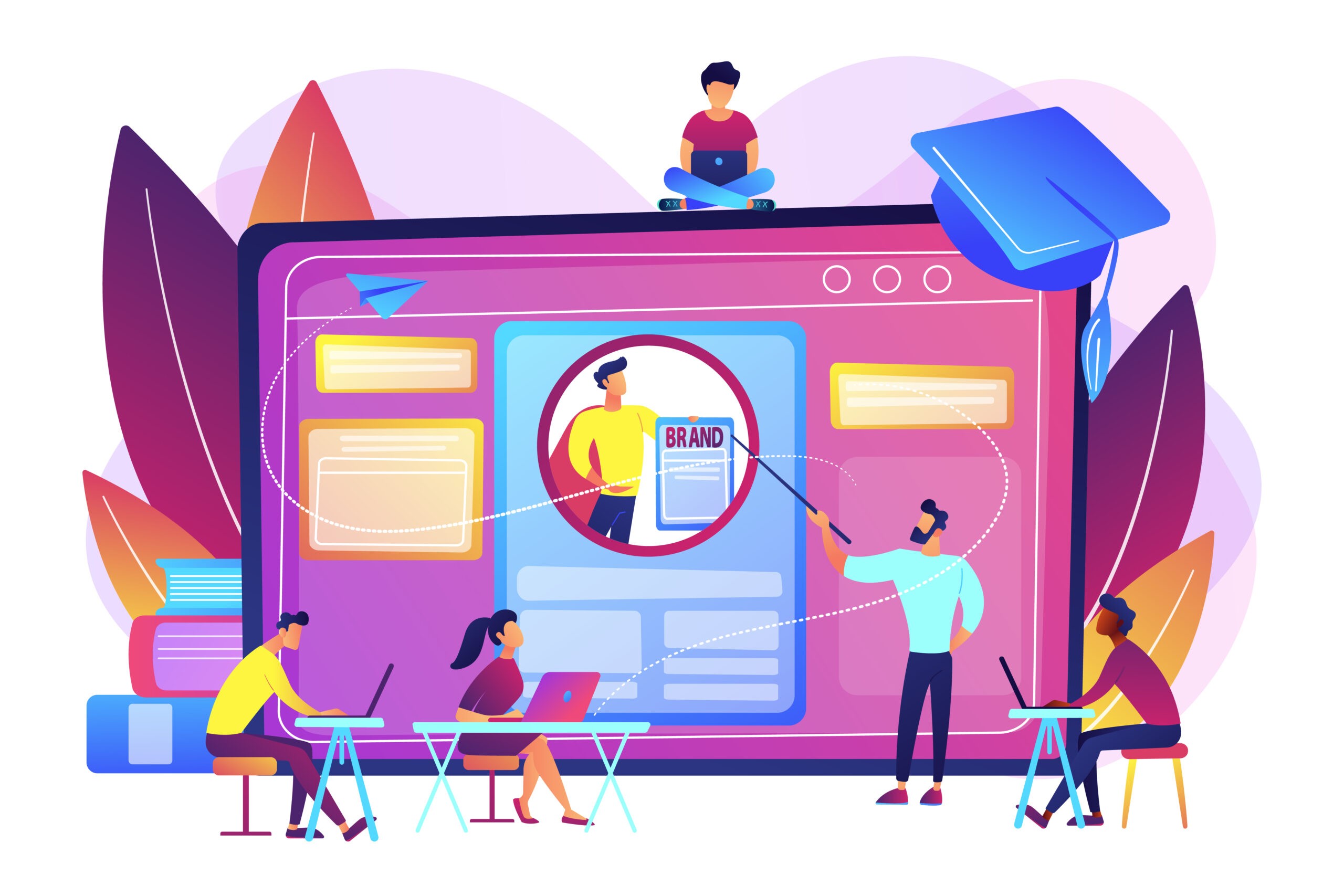 A colorful flat illustration showing a large digital screen with a teacher pointing to a brand profile while students work on laptops, demonstrating school management software impact.