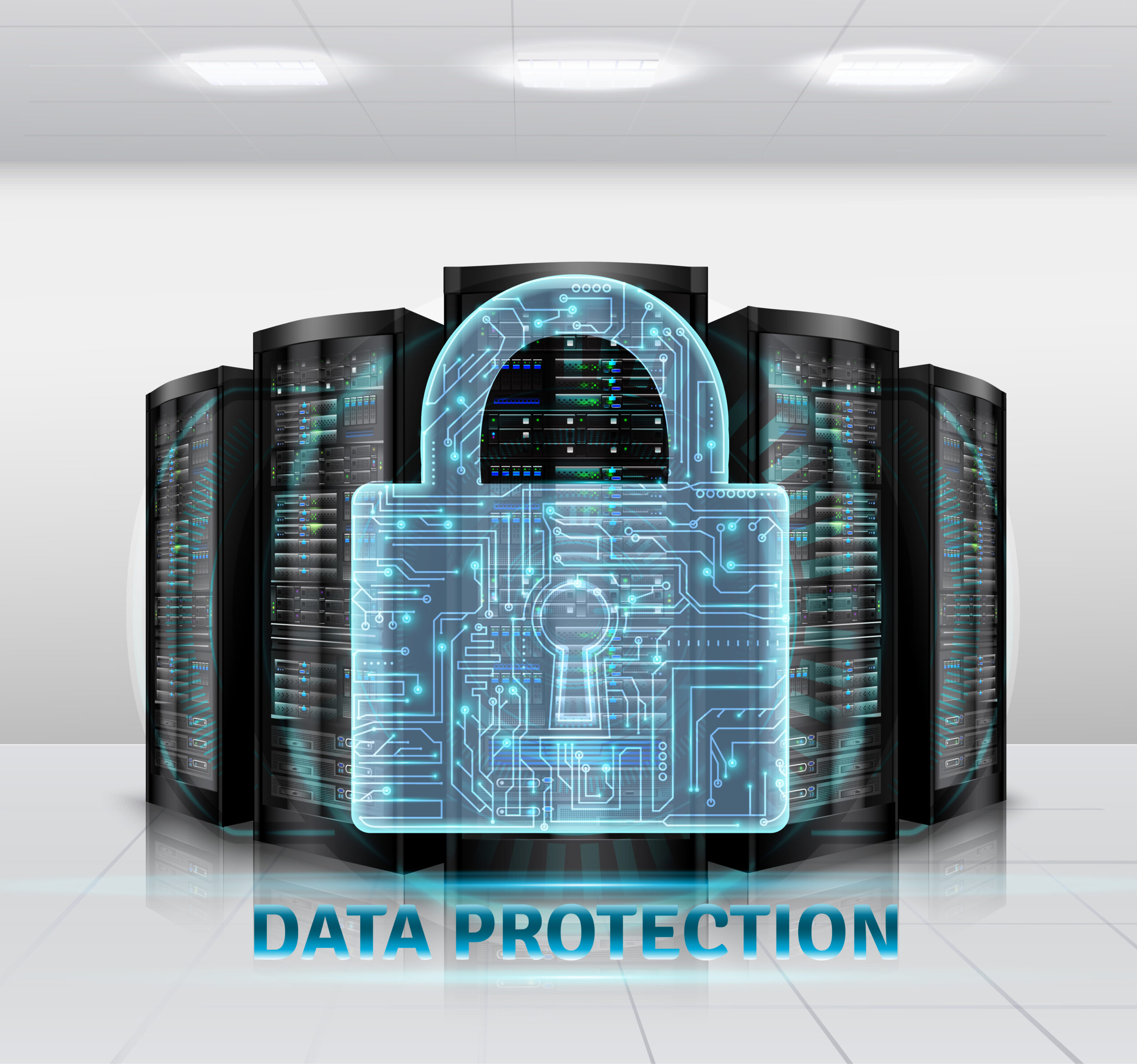 A 3D illustration of server racks in a data center with a large glowing digital padlock overlay, signifying robust school data security.