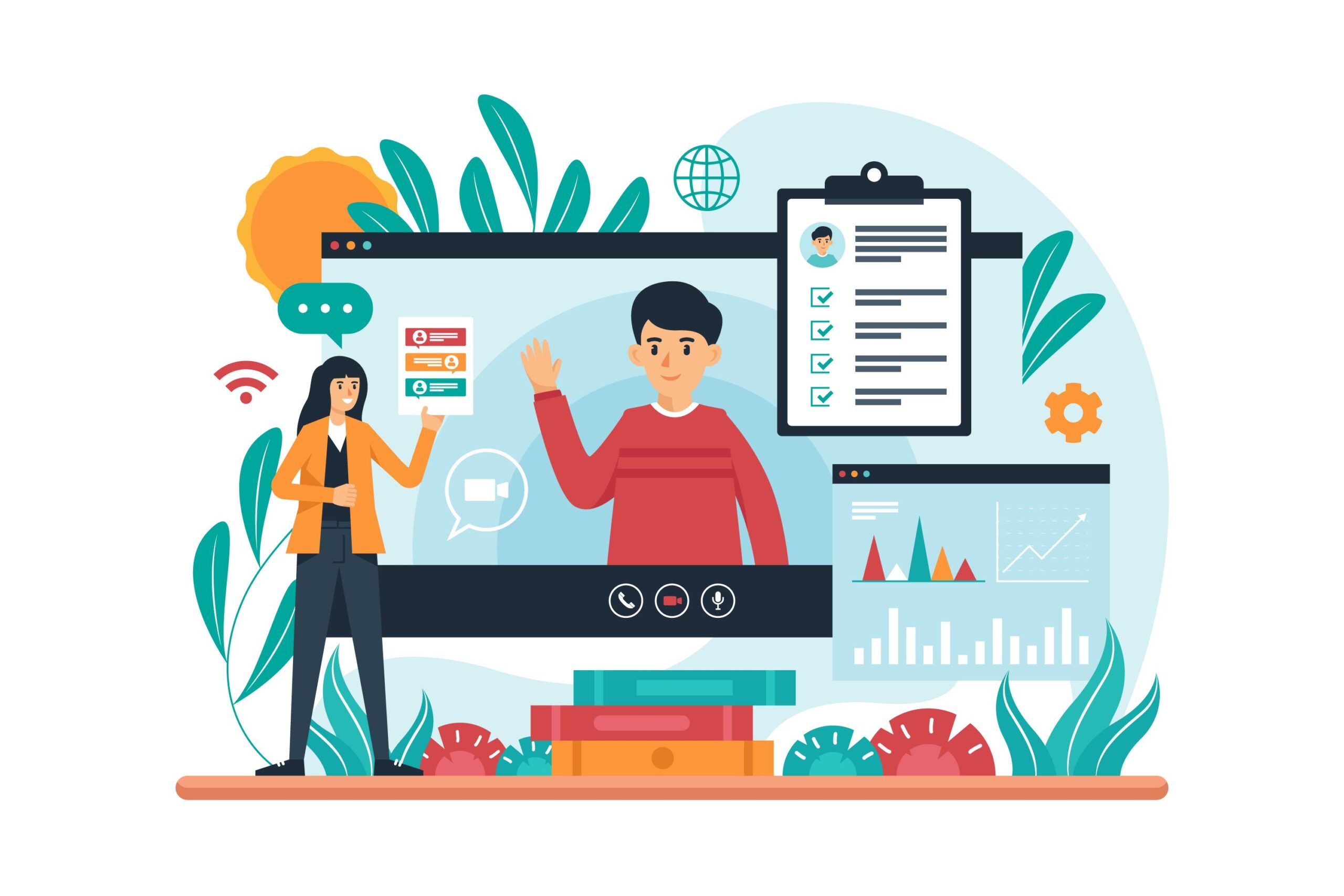 Illustration of an online video conference between a teacher and student showing digital checklists and data graphs, demonstrating Automated student performance tracking.