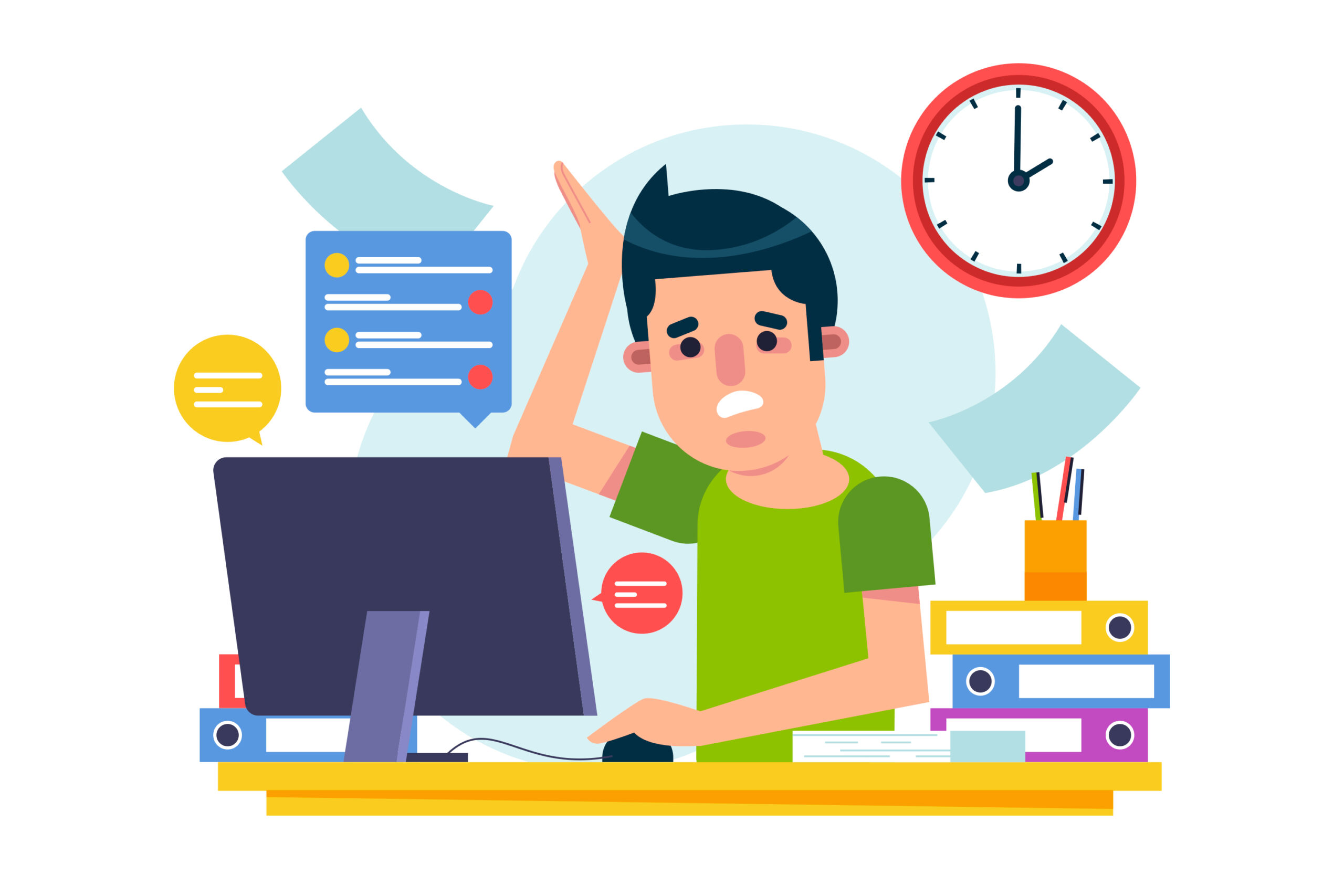 Illustration of a highly stressed person sitting at a computer with a clock and papers flying around, symbolizing pressure and the need to Reduce exam stress.