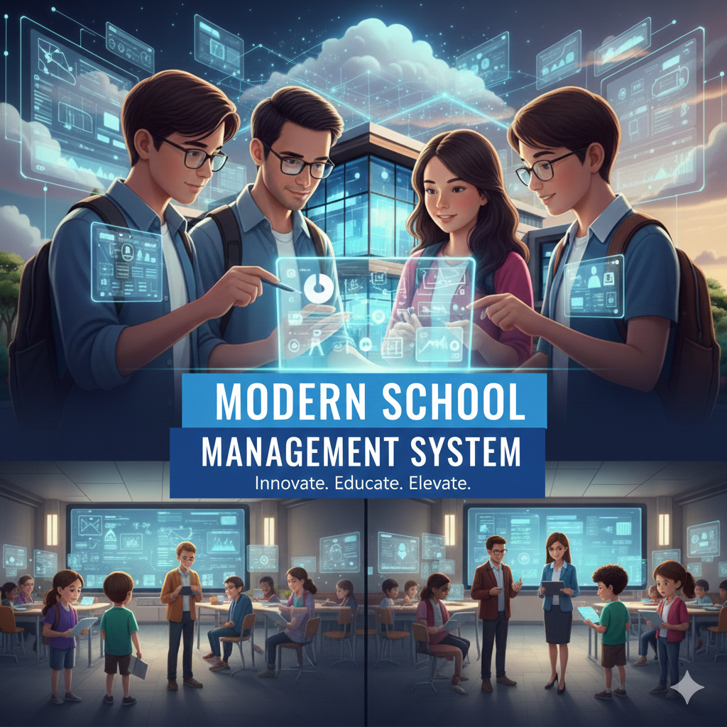 Digital graphic illustrating students and teachers interacting with holographic data screens, captioned "MODERN SCHOOL MANAGEMENT SYSTEM," showcasing technology integration.