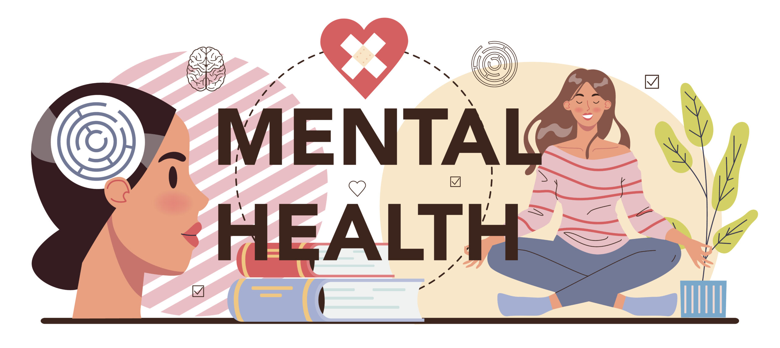 Illustrated banner with a smiling woman meditating, a heart with a bandage, and the text "MENTAL HEALTH," providing mental health tips teachers can use for well-being.