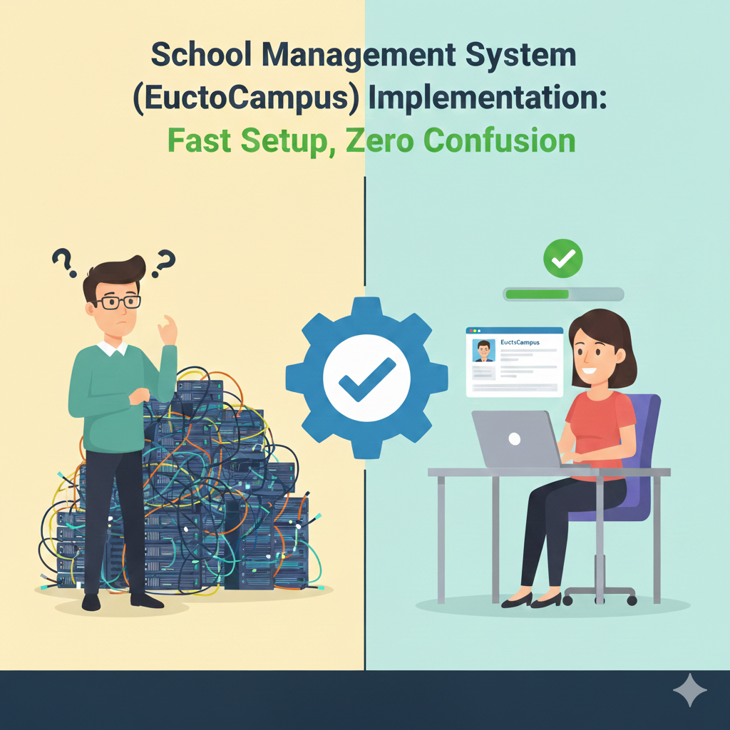 A comparison illustration between a confused man facing a tangled mess of server wires and a smiling woman working efficiently at a laptop, titled School Management System Implementation.