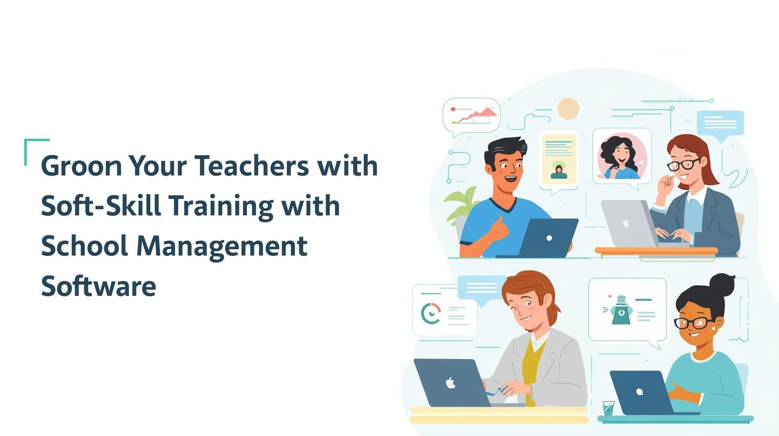 A digital graphic promoting Teacher Soft Skills Training with illustrations of educators collaborating and learning through a school management system.